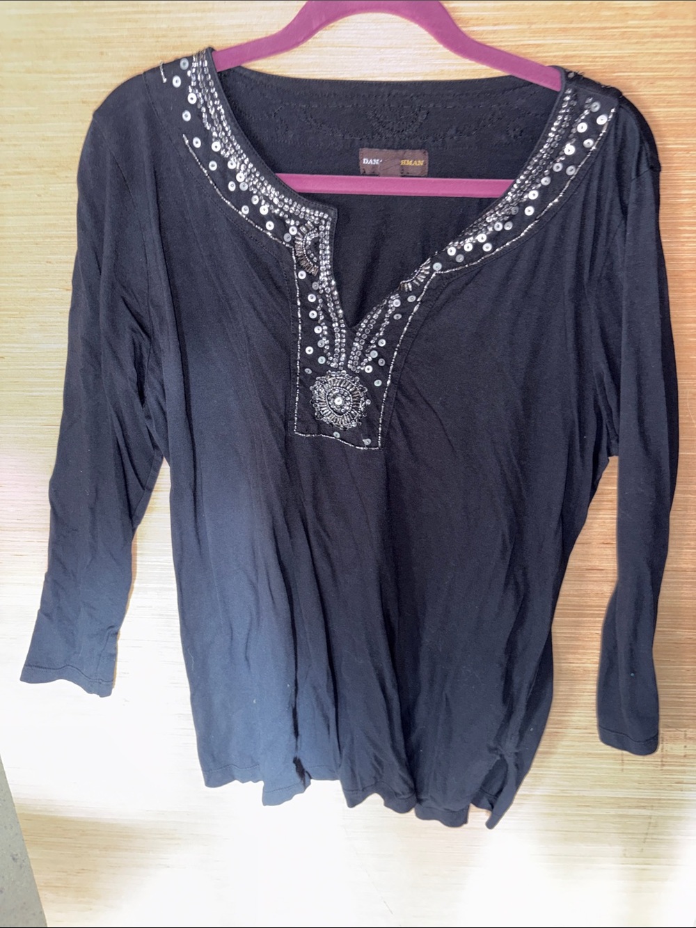 Dana Buchman Black Long-Sleeve Embellished V-Neck Top